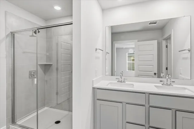 a bathroom with a shower sink vanity and mirror