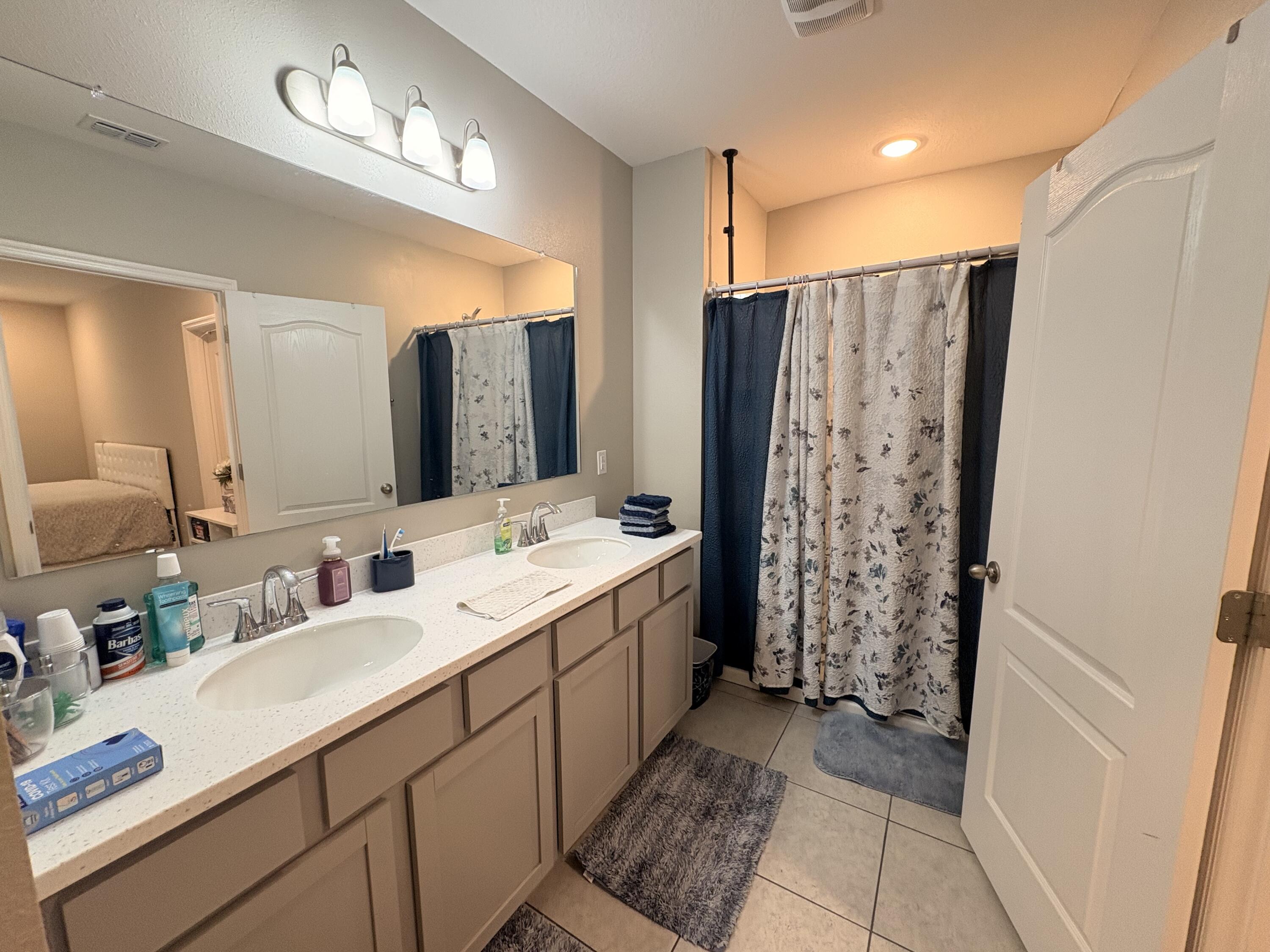 9237 Swiss Road Spring Hill, FL 34606 - Photo 14 of 15 a bathroom with double vanity sink a mirror a vanity and shower