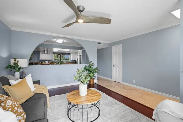 a living room with furniture and a potted plant