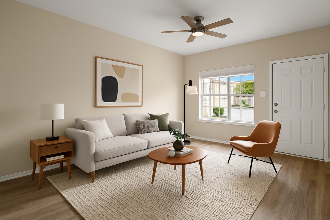 a living room with furniture and a window