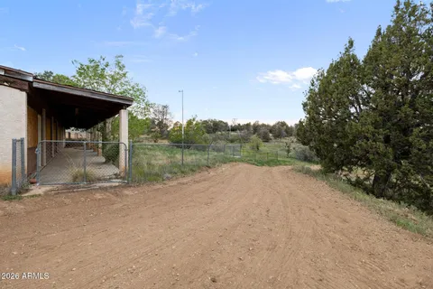 a view of a dirt road with trees in the background