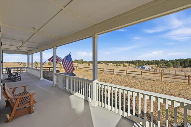 a view of a balcony with furniture