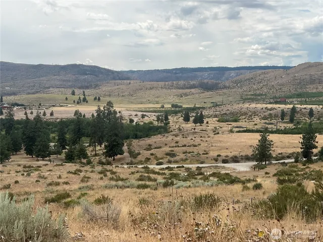 a view of a town with mountains in the background
