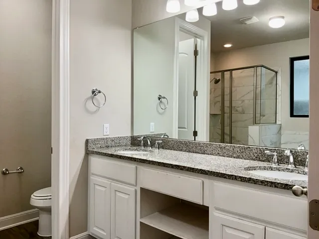 a bathroom with a granite countertop sink a toilet and a mirror