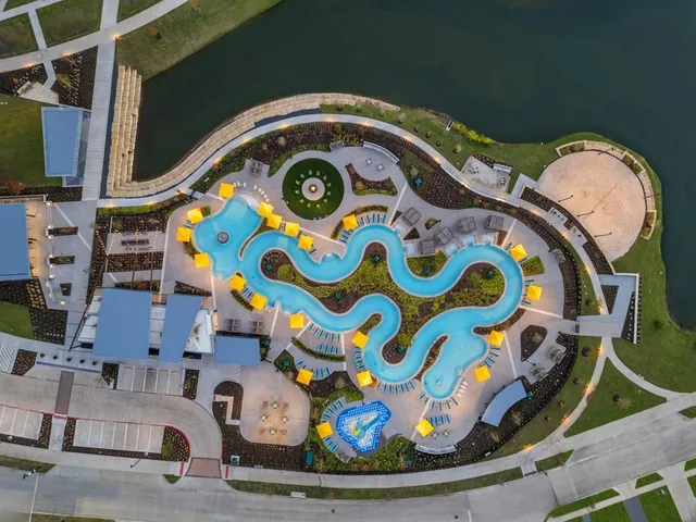 an aerial view of a swimming pool