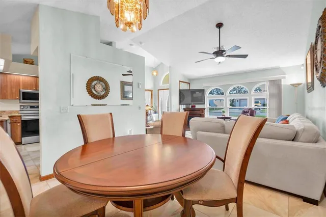 a view of a dining room with furniture