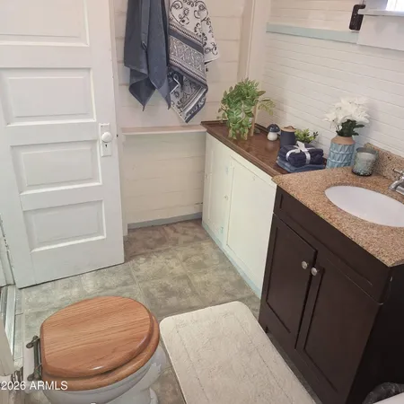 a bathroom with a sink a toilet and mirror