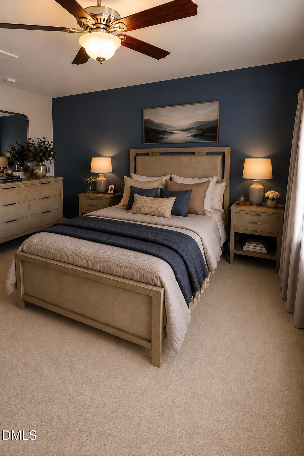 9826 Layla Avenue Raleigh, NC 27617 - Photo 11 of 19 a spacious bedroom with a bed and a ceiling fan