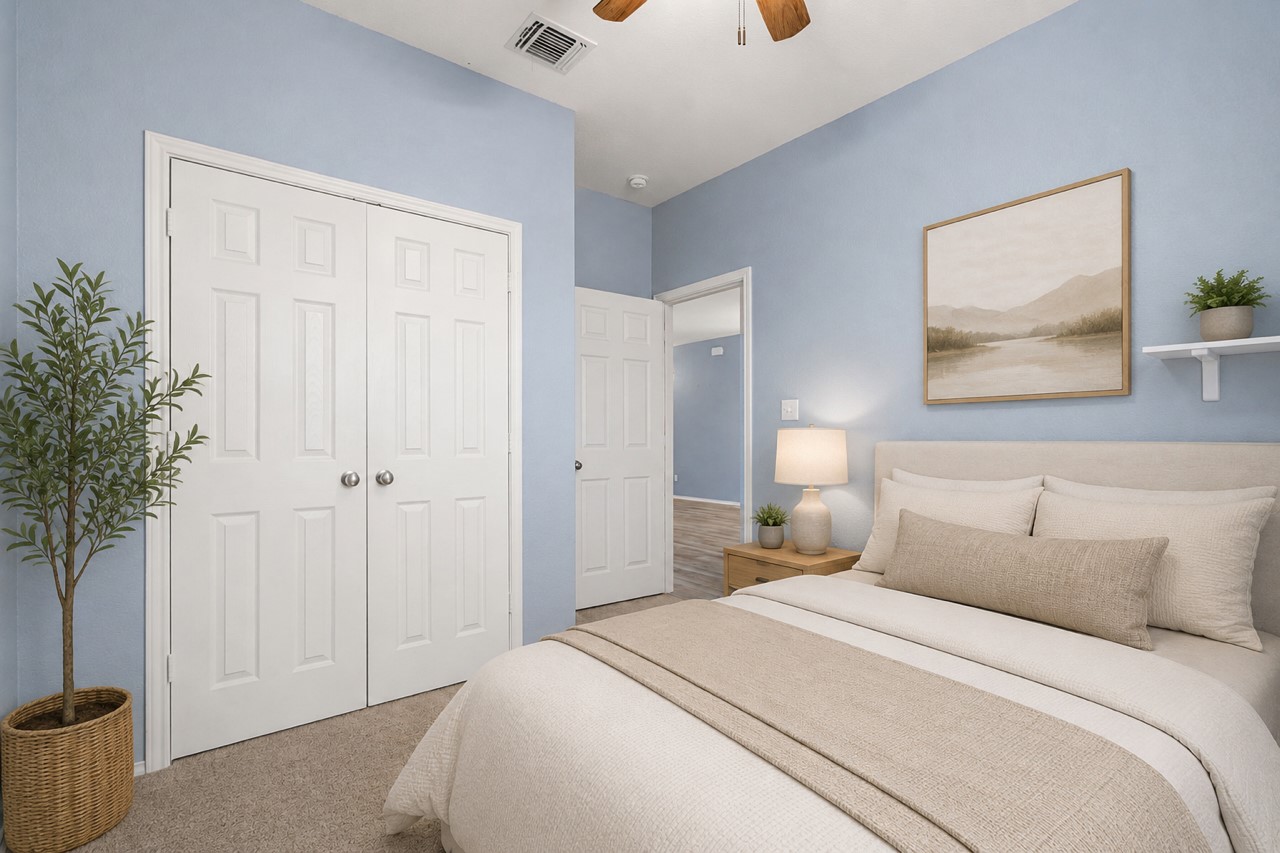 340 Harper Lane Georgetown, TX 78626 - Photo 10 of 28 Secondary Bedroom down, soft carpet flooring, and a ceiling fan, + bath. Ai generated photo.