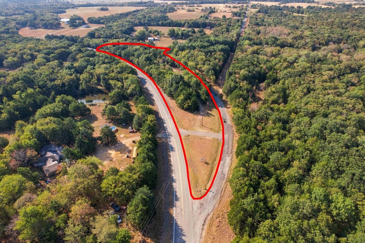 Expansive wooded acreage bordering a paved road, featuring a small body of water and substantial tree coverage