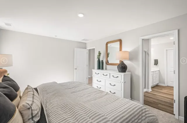 a bedroom with a bed and a closet