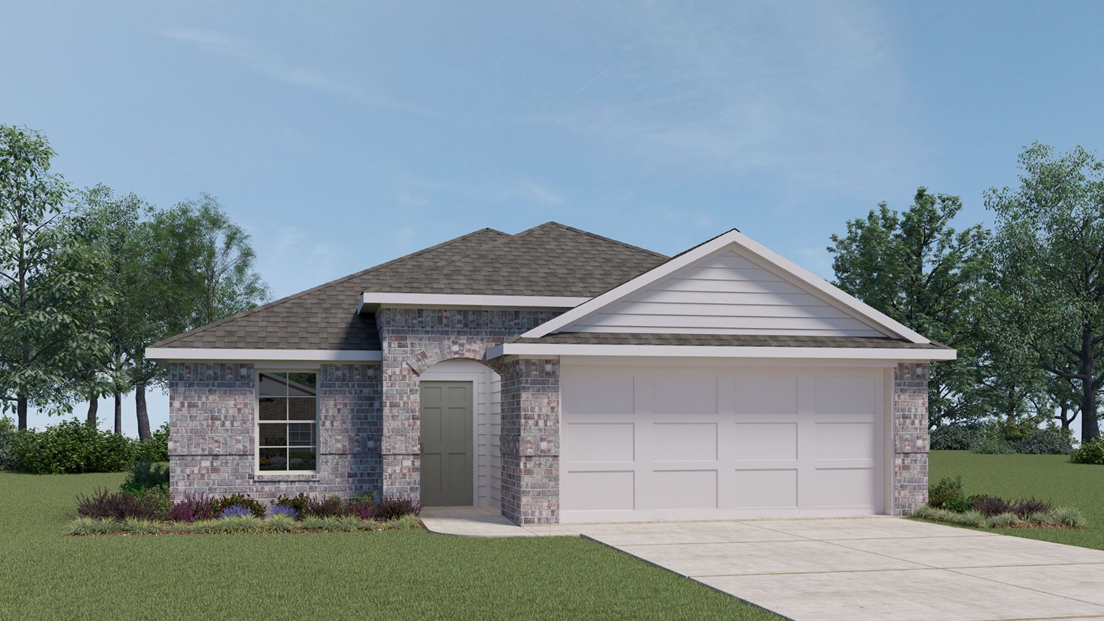 Brick exterior with an arched entry, a two-car garage, and a gabled roofline