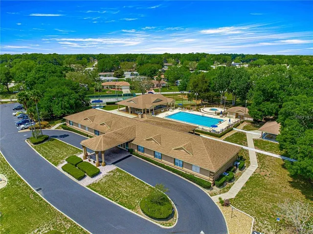a view of a pool with lawn chairs plants and large tree