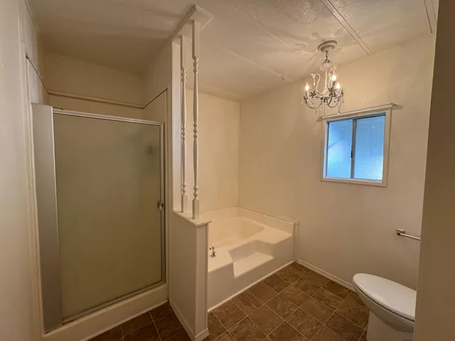 a bathroom with a shower and a toilet