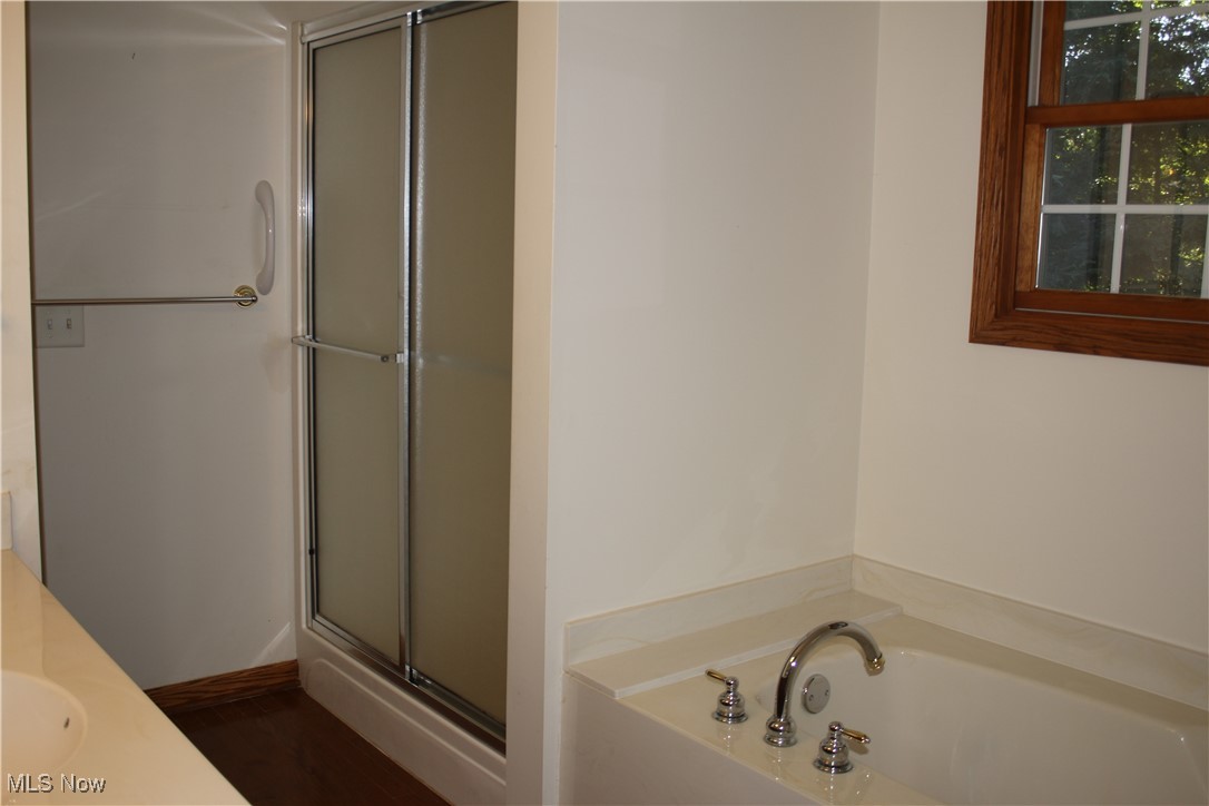 1837 Haines Road Madison, OH 44057 - Photo 17 of 29 Bathroom featuring a garden tub, a stall shower, and vanity