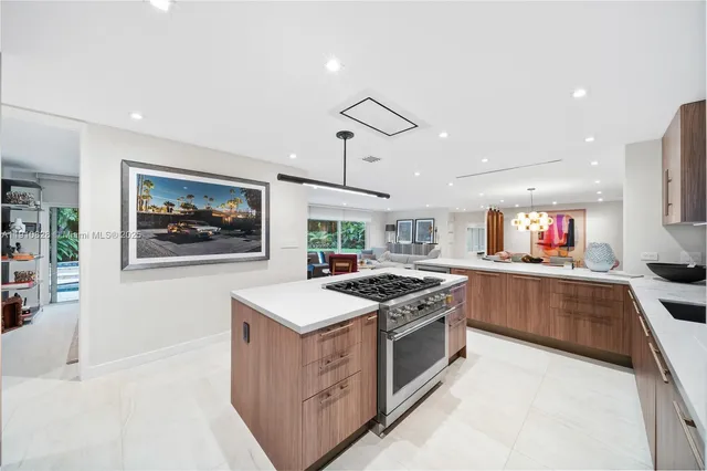 a spacious bedroom with a bed and a large mirror