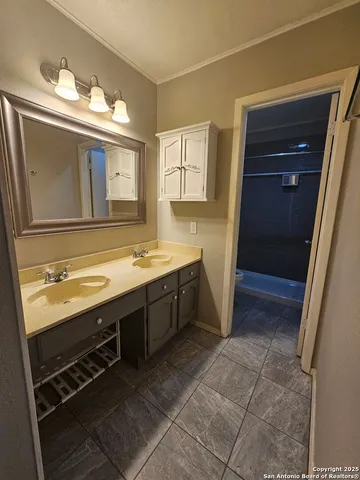 a bathroom with a sink and a mirror
