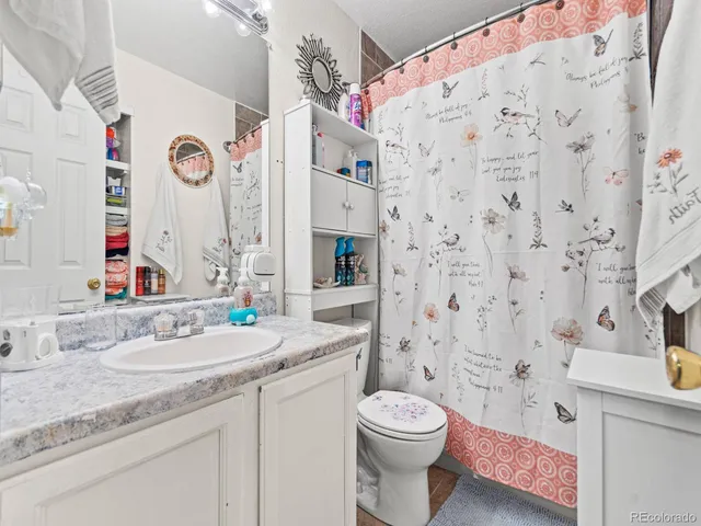 a bathroom with a sink a toilet and shower curtain