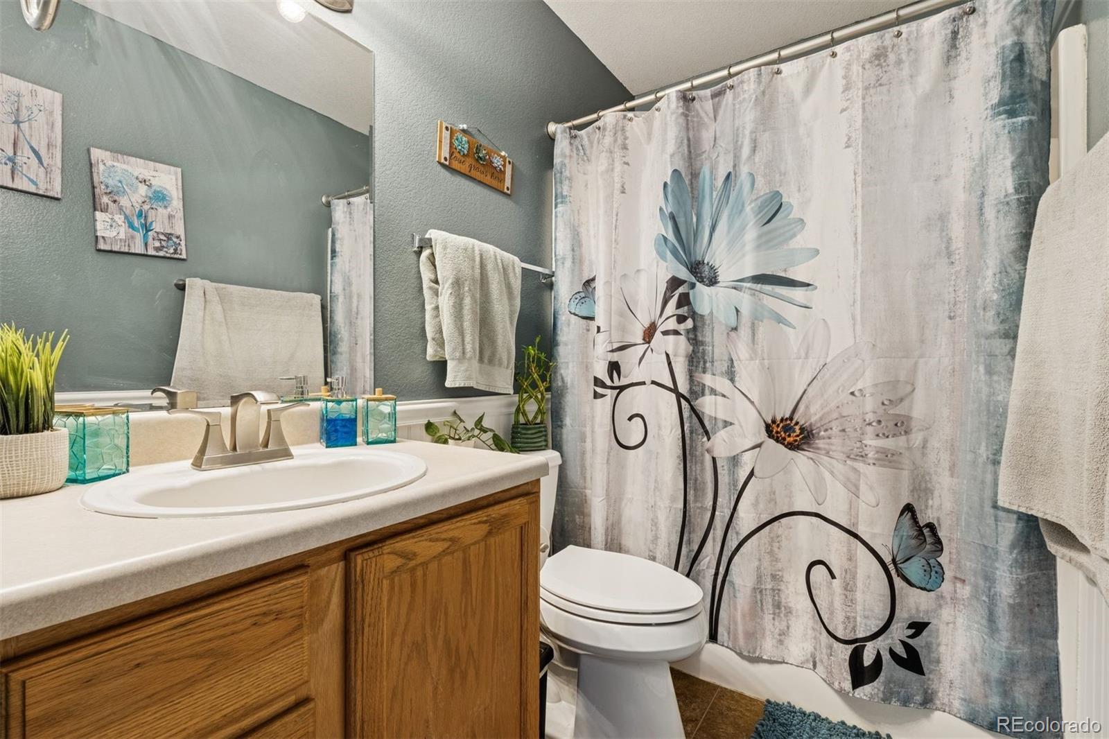 3820 Riverside Parkway Evans, CO 80620 - Photo 9 of 25 a bathroom with a white sink a mirror and a shower curtain