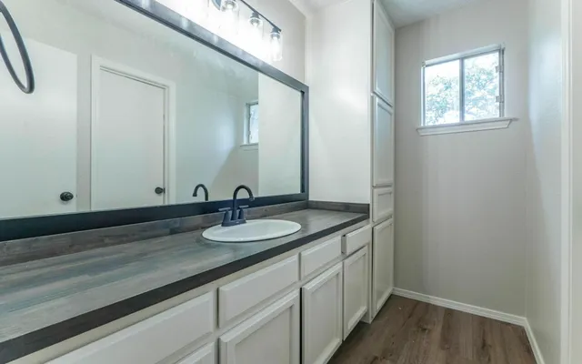 a bathroom with a sink and a mirror