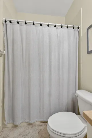 a white toilet sitting next to a shower curtain