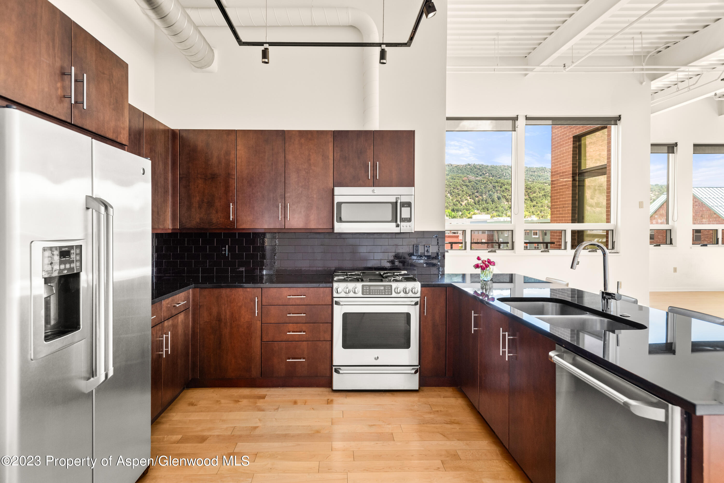 361 Robinson Street, Unit 326 Basalt, CO 81621 - Photo 2 of 10 a kitchen with stainless steel appliances granite countertop a sink stove and refrigerator