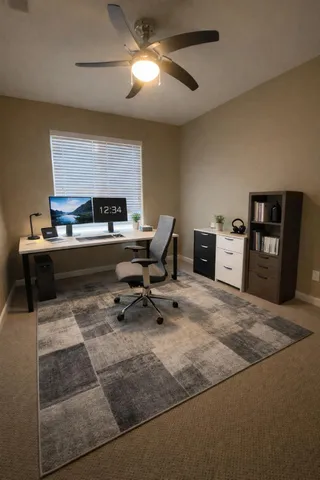 a work room with furniture a flat screen tv and a chandelier