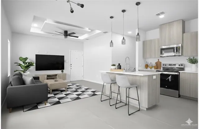 a view of a swimming pool with a bench and trees in the background