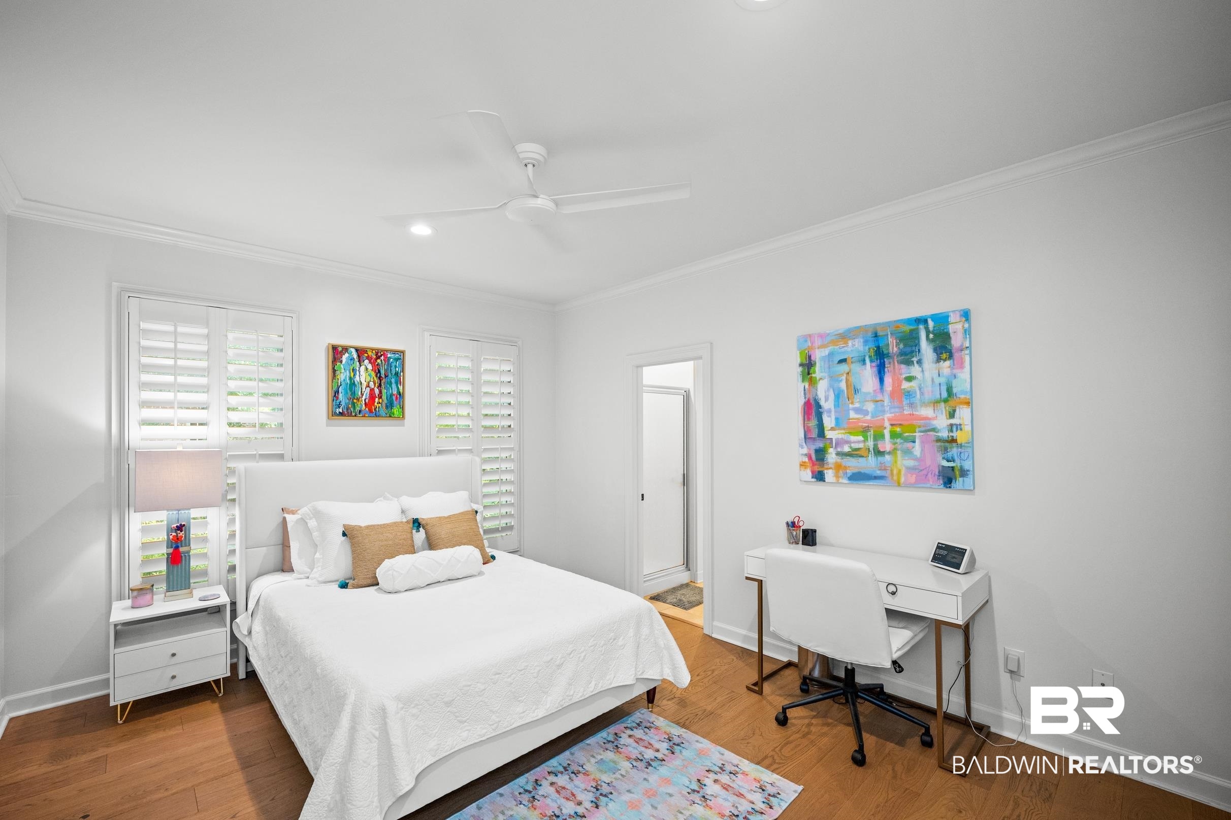 115 Sandy Ford Road Fairhope, AL 36532 - Photo 39 of 47 Bedroom featuring ornamental molding, wood finished floors, and a ceiling fan
