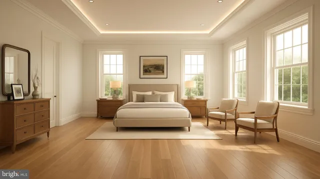 a spacious bedroom with a bed and large windows