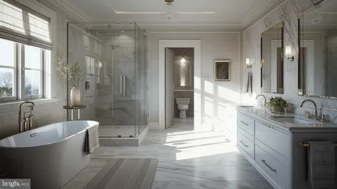 a bathroom with a granite countertop tub sink a mirror a shower and vanity