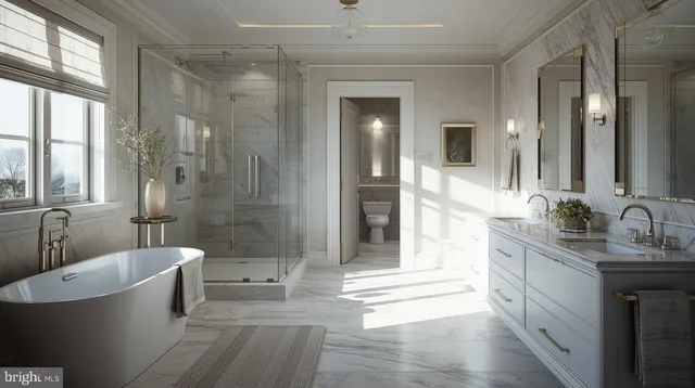 a bathroom with a granite countertop tub sink a mirror a shower and vanity