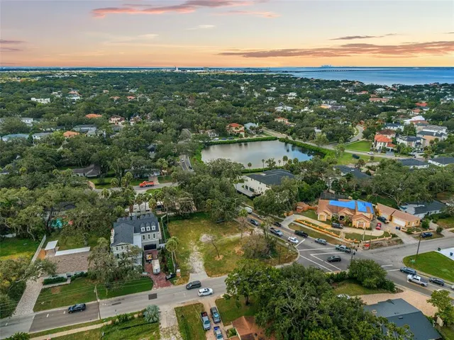 an aerial view of residential houses with outdoor space and trees
