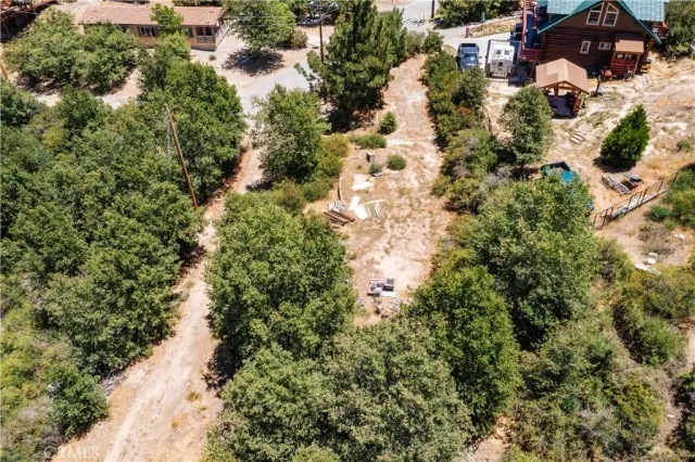 an aerial view of residential houses with outdoor space and trees
