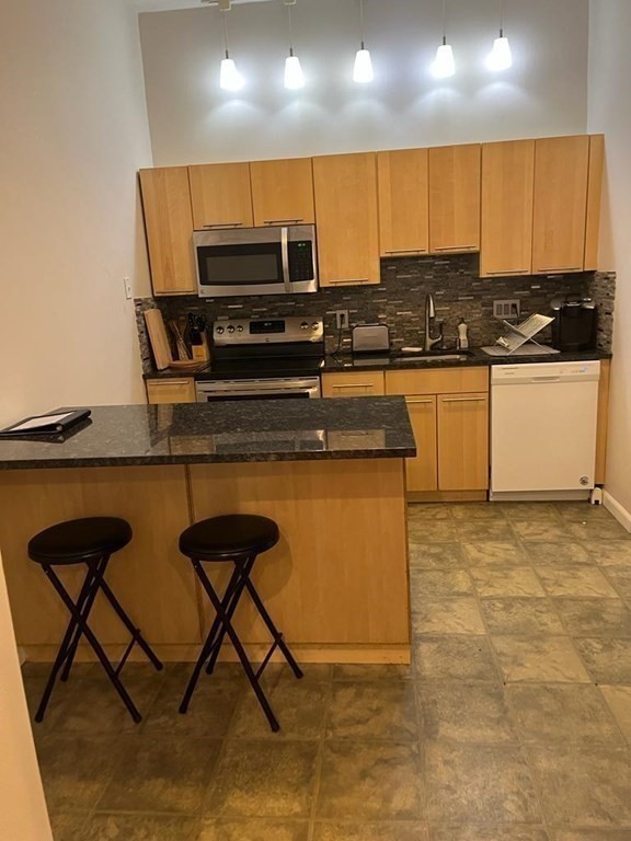 31 Elizabeth Street, Unit 202 Worcester, MA 01605 - Photo 5 of 12 a kitchen with stainless steel appliances granite countertop a stove a sink and a microwave