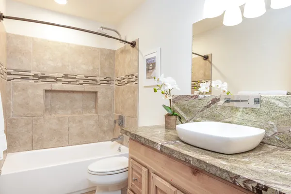 a bath room with a toilet a sink and a bath tub