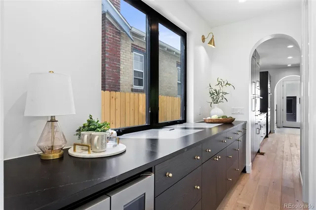 a view of dining room and wooden floor