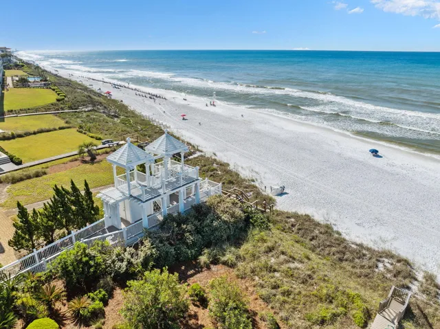 an aerial view of a house with a garden