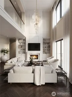 a living room with furniture a flat screen tv and a large window