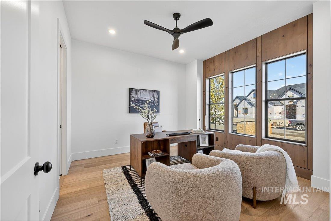 665 Watkins Street Middleton, ID 83644 - Photo 18 of 34 Home office featuring light wood finished floors, a ceiling fan, and recessed lighting