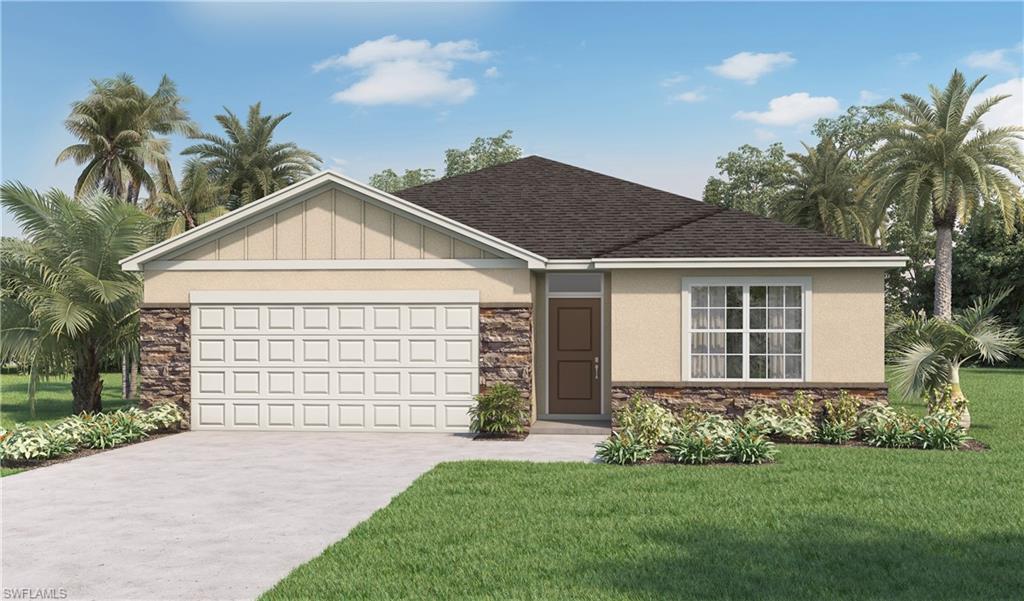 17719 Shade Tree Loop Punta Gorda, FL 33982 - Photo 1 of 35 Ranch-style house with stone siding, a front lawn, driveway, an attached garage, and a shingled roof