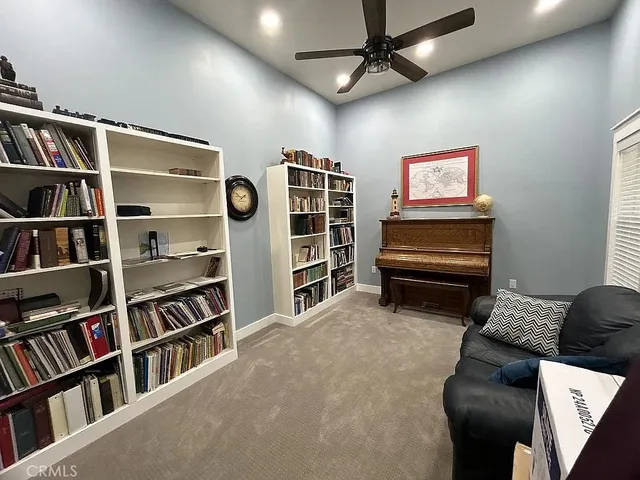 a living room with furniture and a book shelf