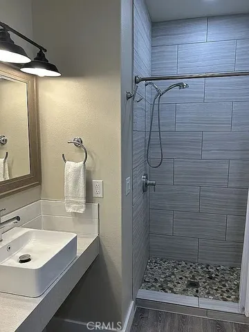a bathroom with a shower and a sink