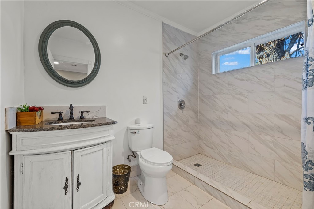 790 North El Molino Avenue Pasadena, CA 91104 - Photo 23 of 34 a bathroom with a granite countertop toilet a sink and a mirror