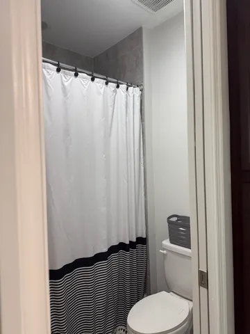 a white toilet sitting next to a shower curtain