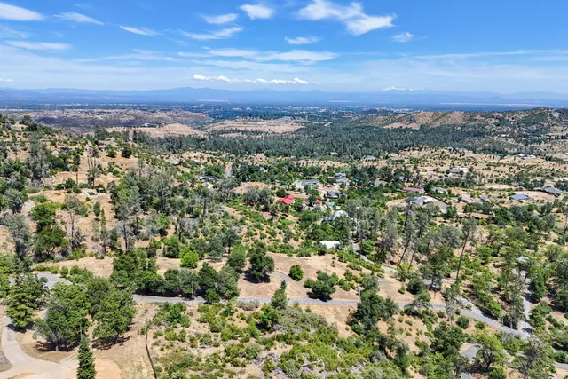an aerial view of residential houses with city and green space