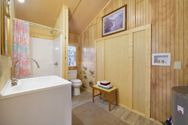 a bathroom with a sink a toilet and shower