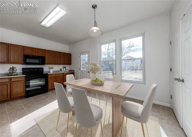 a view of a dining room with furniture window and outside view