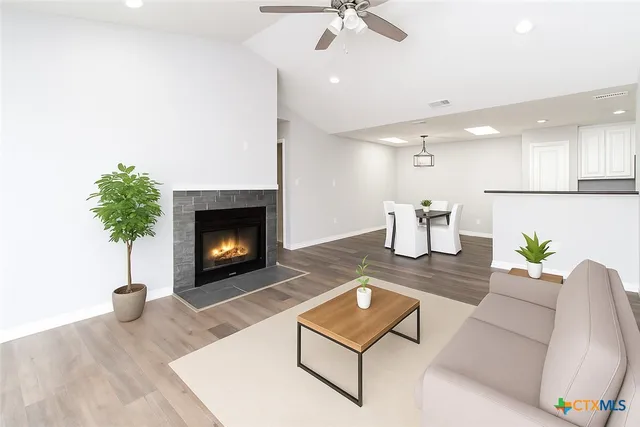 a living room with furniture and a fireplace