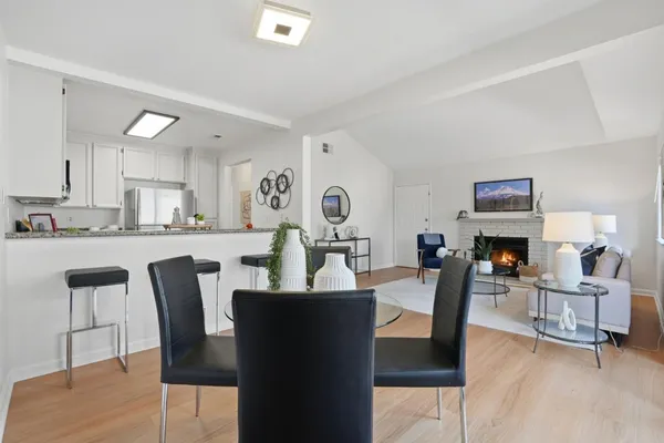 a view of a dining room with furniture